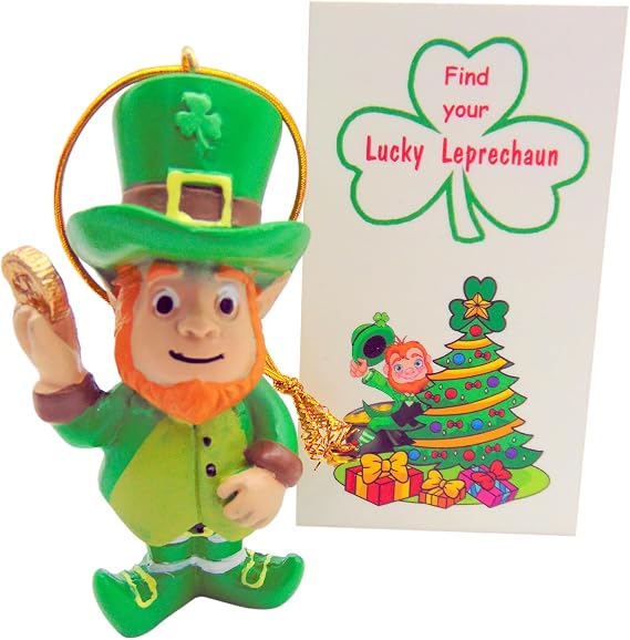Lucky Leprechaun Christmas Ornament Set with Find Me Figurine Poem Card