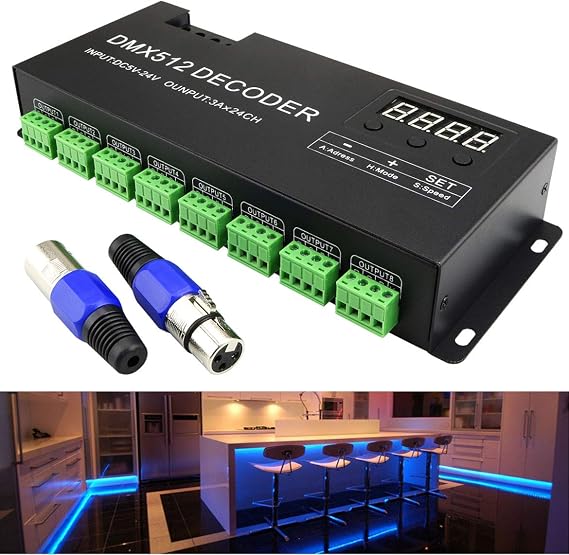 AZIMOM 24 Channel DMX Decoder Controller with Digital Display DC5V-24V 3A/CH RGB DMX512 led Controller Tape Strip Light Decoder Dimmer