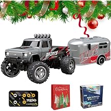 Mini RC Monster Truck With Trailer, 1:64 Scale Remote Control Car With Lights, 2.4Ghz Control, Alloy Semi Truck, SpeedSteering Adjustable Blue-A