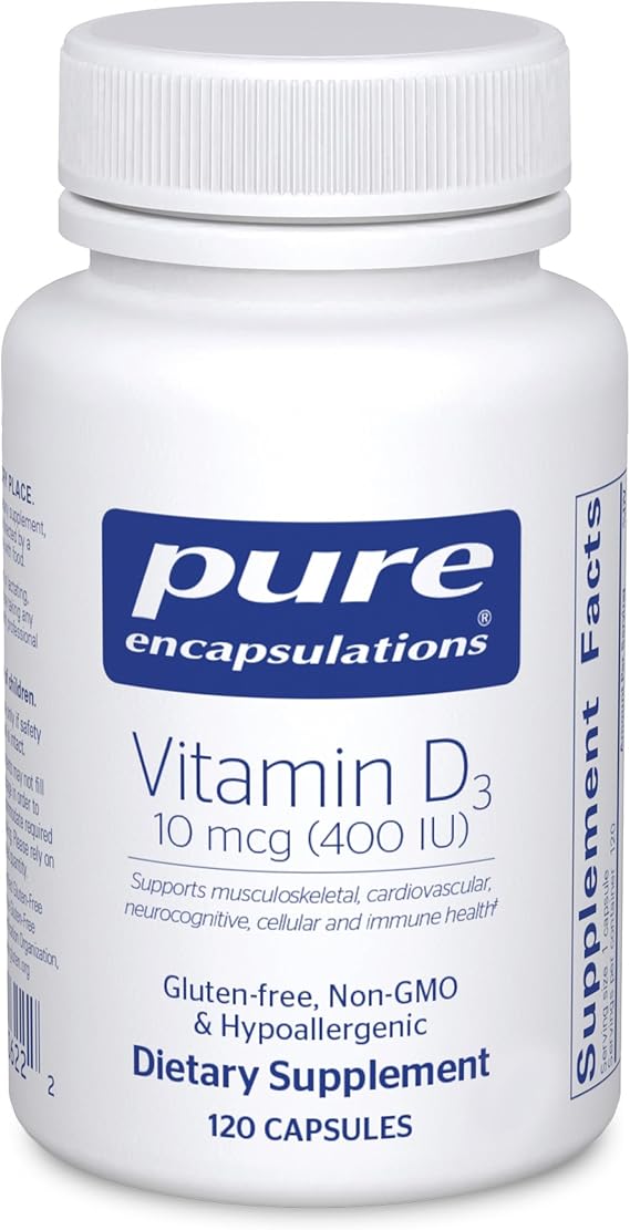 Pure Encapsulations Vitamin D3, 120 Capsules | 10 mcg (400 IU), Hypoallergenic Support for Bone, Breast, Cardiovascular, Colon and Immune Health*