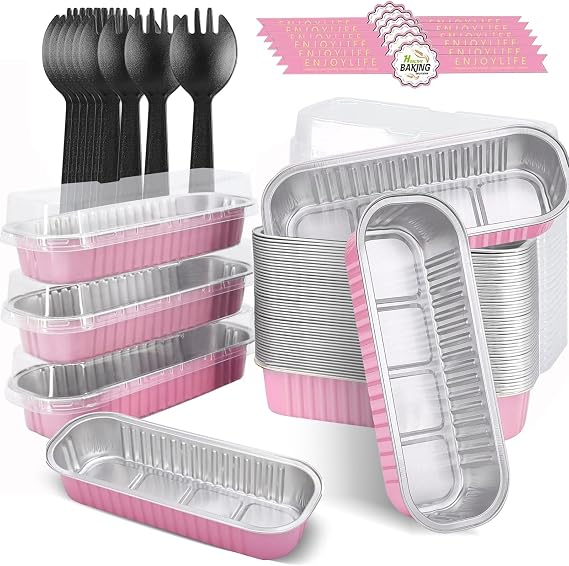 Mini Loaf Baking Pans with Lids and Spoons 50 Pack, 6.8oz Aluminum Foil Rectangle Baking Cups Disposable Ramekins Cupcake Containers with Sealing Stickers for Dessert Cake Bread (Pink)