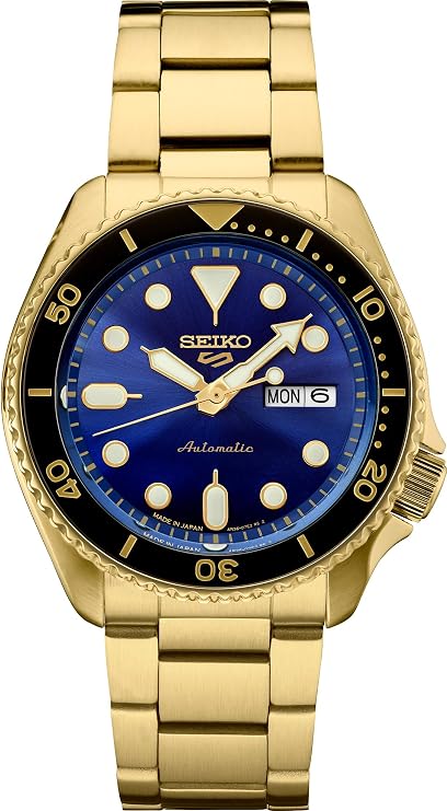 SEIKO Automatic Watch for Men - 5 Sport Collection - Men's Sport Watch Stainless Steel Gold Finish - Water Resistant 100M, Blue - SRPK20 , Modern