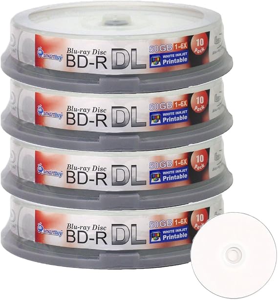 Smart Buy 40 Pack Bd-r Dl Printable White Inkjet 50gb 6X Blu-ray Double Layer Recordable Disc Blank Data Video Media 40-Discs Spindle