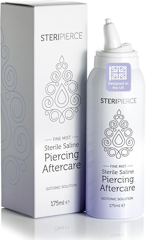 Large Sterile Saline Solution, Piercing Cleaning Solution for Nose, Ears and Body Piercings, Contactless with Angled Nozzle, Non-Irritating and Hypoallergenic, Vegan, Cruelty Free (175ml)