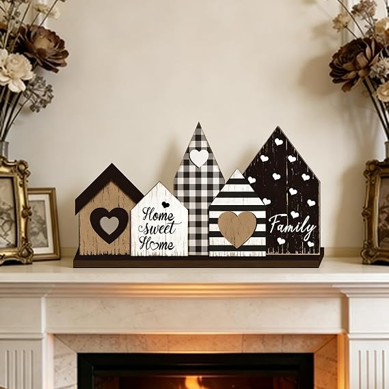 Home Sweet Home Sign, Farmhouse Wooden Home Decor, Rustic Family Shelf Decor, Freestanding Table Centerpiece for Fireplace Mantel, Modern Farmhouse House Decorations
