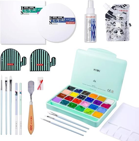 HIMI Gouache Paint Set, 41 Pcs Professional Art Painting Supplies Set with HIMI 24 Paints, 6 Paint Brushes, 2 Canvas Boards, Palette, Paint Knife, Moisturized Mildew Gouache Spray, and White Paint Refill(100ml), Great Paint Kit for Artist, Beginner, and Adults