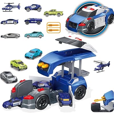 Police Car Rescue Truck Toys, Kids Toy Cars Mini Police Vehicles Helicopter Pickup Trucks SUV, Open Doors, Toy Car for Boys 3-9, Birthday Gifts for Over 3 Years Old Boy Girls, Blue