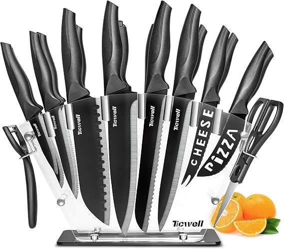 Knife Set 19 Pieces TICWELL Kitchen black Knife Set with Acrylic Premium 13 Carbon with Scissors &Peeler &Knife Sharpener