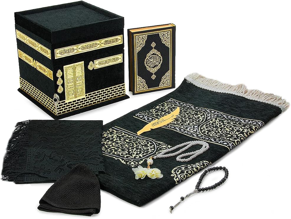 ihvan online Luxury Islamic Prayer Gift Box, Quran, 99 & 33 Pearly Beads Tesbih, Muslim Prayer Rug, Muslim Kufi Hats, Hijab, Set for Ramadan & Eid Gifts