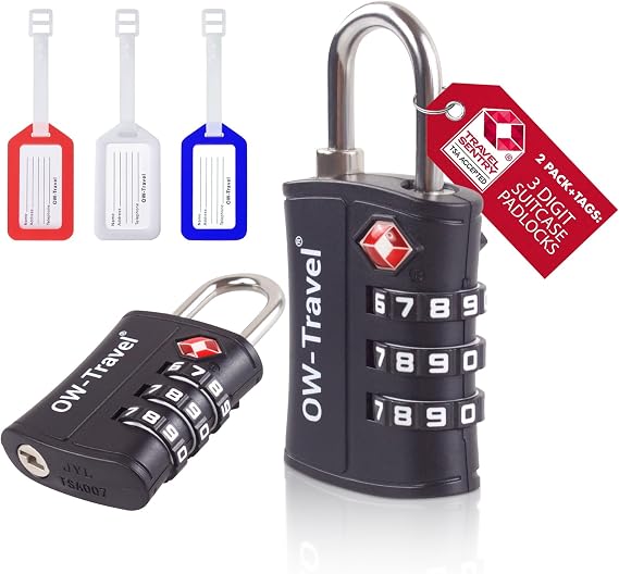 OW-Travel Suitcase Locks, Black 2 Pack + Tags TSA Approved Luggage Padlocks