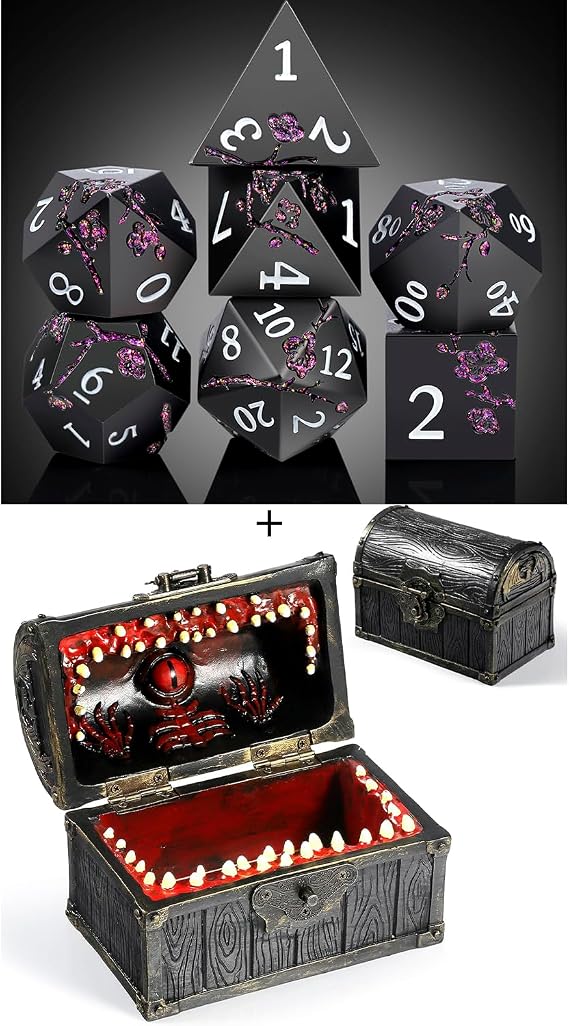 DNDND Glitter Purple Metal D&D Dice with Gift Case and DNDND Mimic Chest Dice Storage Box