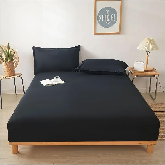 Fitted Bed Sheet 3 Pieces Cotton Fitted Bed Sheet with Elastic Band Solid Color Anti-Slip Adjustable Mattress Cover for Single Double King Queen Bed(Black,140x200x30cm)