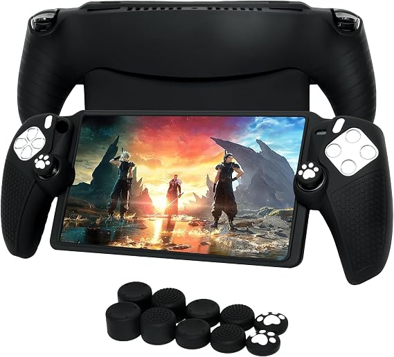 Black Silicone Case for PS5 Portal, Full Coverage Protective Cover with 8+2 Thumb Grip Caps (Low/Mid/High + Cat Paw), Soft Anti-Slip Shockproof Shell, Classic Black