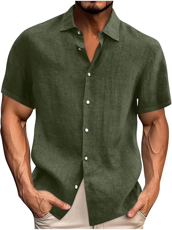 Mens Casual Shirts Loose Button Down Lapel Short Sleeve Shirt Casual Solid Cotton Linen T-Shirt Retro Pullover