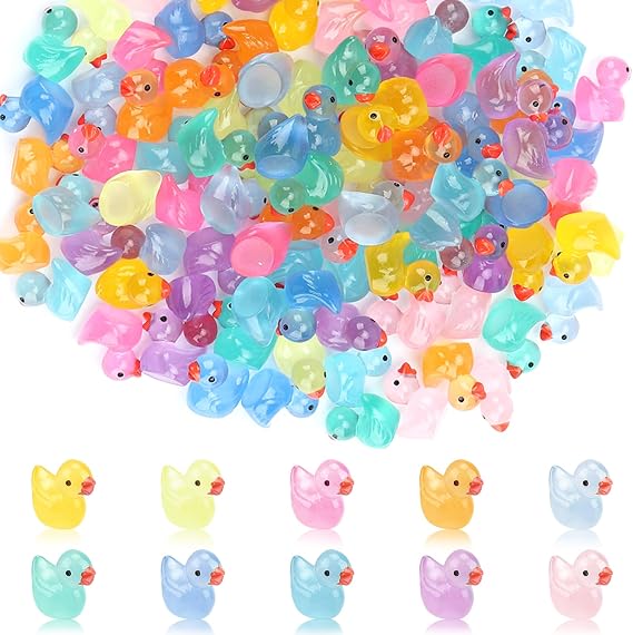 100PCS Mini Tiny Resin Ducks Little Miniature Plastic Small Ducks Bulk Glow in The Dark Duck Figures for Dollhouse Decor Garden Micro Landscape Aquarium Potted Tiny Homes (10 Colors)