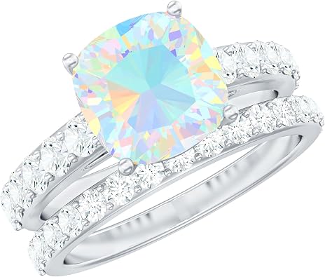 Natural 1.8 Carat Ethiopian Opal Wedding Ring Set, AAA Quality, Certified Opal Ring with Enhancer - Mothers Day Gift