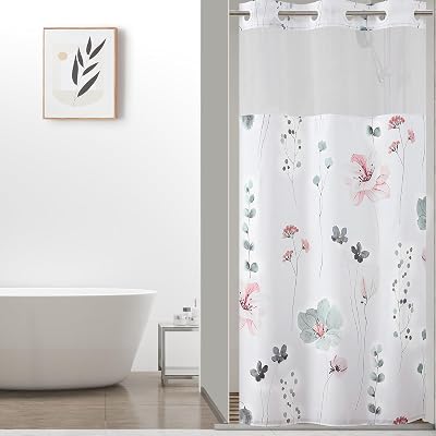 QiyI Stall Floral Shower Curtain with Snap in Liner, Grey and Pink Watercolor Cloth Bath Curtains, No Hook Shower Curtains with Mesh Top Window, Fabric Waterproof Bathroom Curtain Set, 36 x 75 Inch