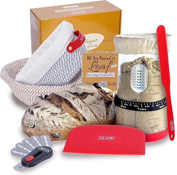 SEOR 8Pcs Sourdough Starter Kit with Glass Fermentation Jar 42oz-Complete Bread Baking Kit Includes 2 Bread Proofing Basket-Sour Dough Tools & a Beeswax Bread Bag; Baking Gifts for Women