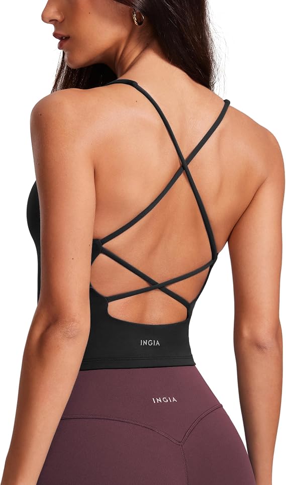 INGIA V Neck Padded Tank Tops Criss Cross Strap
