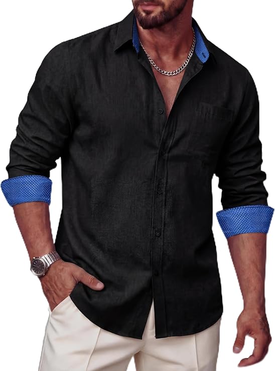 Mens Linen Shirts Long Sleeve Casual Button Down Shirt Untucked Regular Fit Contrast Collar Dress Shirt with Pocket