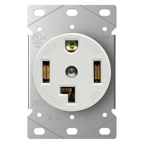 AIDA 30 Amp 3 Pole, 4 Wire 125/250 Volts 14-30R Grounding Heavy Duty Flush Mount Range Outlet Dryer Receptacle, UL Listed, Pack of 1, White, 030646