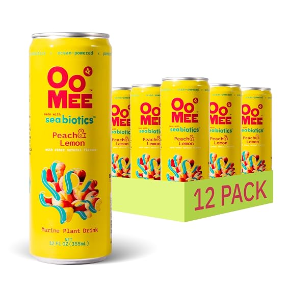 OoMee Prebiotic Drink | Peach & Lemon | Plant-Based Vegan Beverage with Marine-Sourced Agar Prebiotics (Seabiotics) for Digestive & Gut Health Functional Drink 12oz Cans, 12-Pack