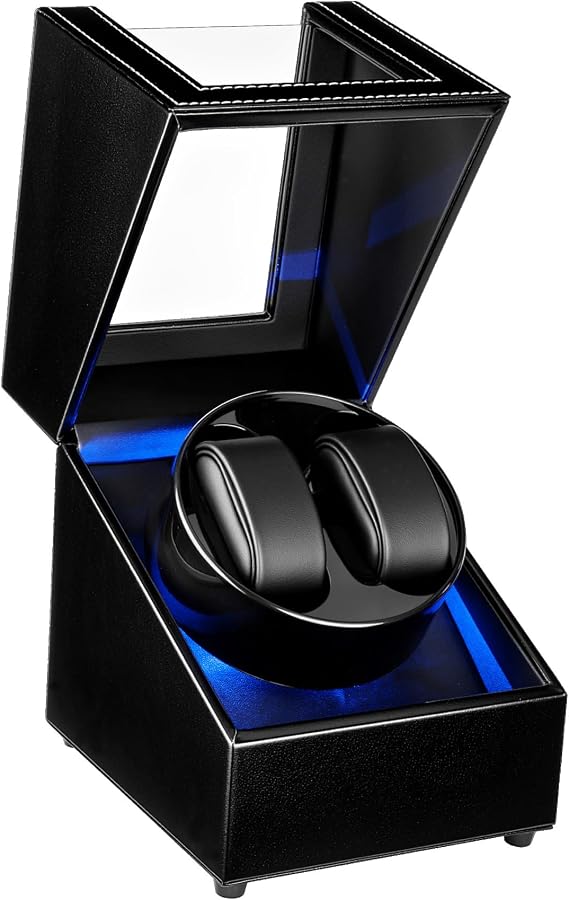 Mcbazel LED Double Automatic Watch Winder with Blue Light, Quiet Motor Display Storage Rotation Wrist PU Leather Watch Box with 2 Slots-Black