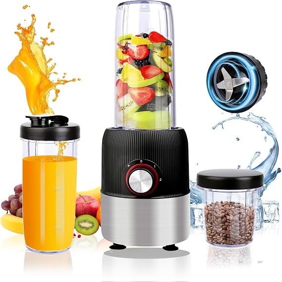 2-in-1 Portable Blender, 1000W Smoothie Maker with Travel Bottles, Cordless Personal Blender for Shakes, Smoothies & Coffee, 3 Speeds, Includes 27oz & 6.7oz Cups, Dishwasher Safe (Black)