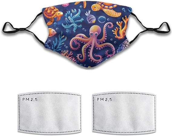 Ocean Turtle Octopus Pattern Face Mask Adult Washable Reusable Pleated Dust Mask 5-Layer Protection Carbon Filter Fashion Adjustable Anti Dust Cloth Mouth Masks with 2 Filters for Women Men, 1 Pcs M