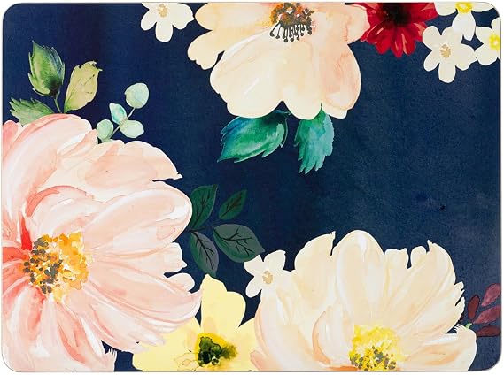 Cork Backed Placemats with Floral Design, Navy Blue Background with Pink and Cream Flowers, Set of 4