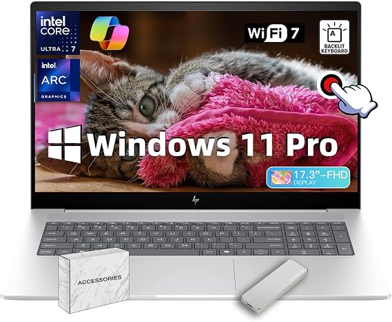 HP Envy 17.3" Premium Laptop - w/Accessories & 1TB Portable SSD, Intel 16-Core U7-155H, Wi-Fi 7, FHD Touchscreen Display, Copilot AI, Backlit Keyboard, Win 11 Pro (16GB DDR5, 1TB SSD)