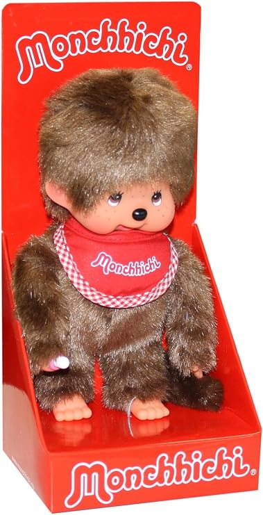 Monchhichi Classic Boy Red Bib Plush with Vinyl Face - Retro Collectible