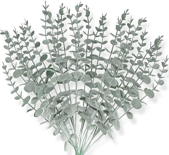 GREENRAIN 24 Pcs Artificial Eucalyptus Stem Faux Eucalyptus Silk Greenery Leaves Fake Eucalyptus Branches Plants for Wedding Party Bouquet Centerpiece Home Decor Indoor (Green)