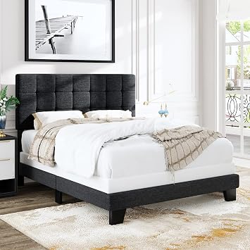 Allewie Full Size Panel Bed Frame with Adjustable Headboard for High Profile/Fabric Upholstered/Square Stitched Padded Headboard/Box Spring or Bunkie Board Required/Dark Grey
