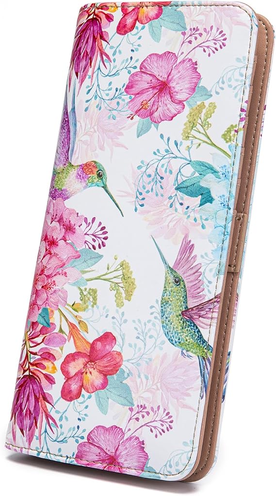 Ultra Slim Thin Leather Women Wallet Rfid Blocking Credit Card Holder Bifold Clutch (Flowers and Hummingbirds)