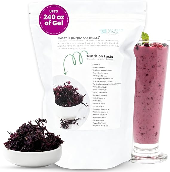 Purple Sea Irish Moss Raw Organic 100% Wildcrafted & Natural Raw Chondrus Crispus 1 Lb - Makes Upto 240oz of Fresh Gel - Rich in 92 Minerals, Perfect Smoothies & Immune Support, Non GMO and Sun Dried