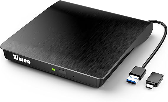 Ziweo External DVD Drive USB 3.0 Type-C CD Burner Portable CD +/-RW Drive DVD Player for ROM Rewriter Burner Compatible with Laptop Desktop PC Windows MacBook Linux Mac OS