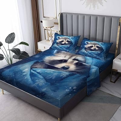 Raccoon Sheets Full Size, Cute Animal Bed Sheets & Pillowcases 4 Piece Set, Deep Pocket Fitted Sheet & Flat Sheet & Pillowcase, Soft Wrinkle Free Decorative Bedding