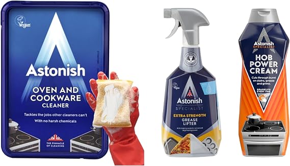 Astonish Kitchen Degreaser & Cleaner Bundle Oven & Cookware Cleaning Paste, Extra Strength Grease Lifter Spray with Baking Soda, and Specialist Hob Cleaner Cream Heavy Duty Multi-Surface Cleaning
