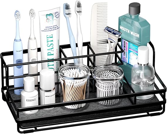 HapiRm Toothbrush and Toothpaste Holder with Instant Drying Stone, 5 Slots | Stainless Steel Countertop Electric Toothbrush Holder, 10.63×4.92×4.13 inch Tooth Brush Holder for Bathroom Accessories