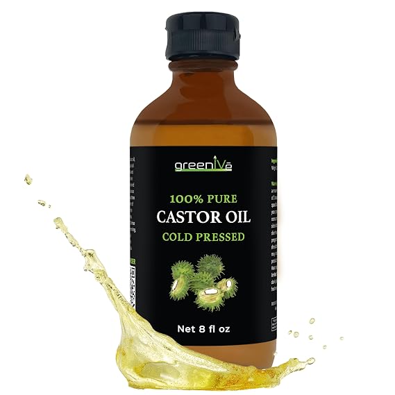 GreenIVe 100% Pure Castor Oil Cold-Pressed, Hexane-Free Hair, Eyebrows, Eyelashes, Skin Moisturizer, Castor Pack Wrap Oil GLASS Bottle (8 Fl Oz)