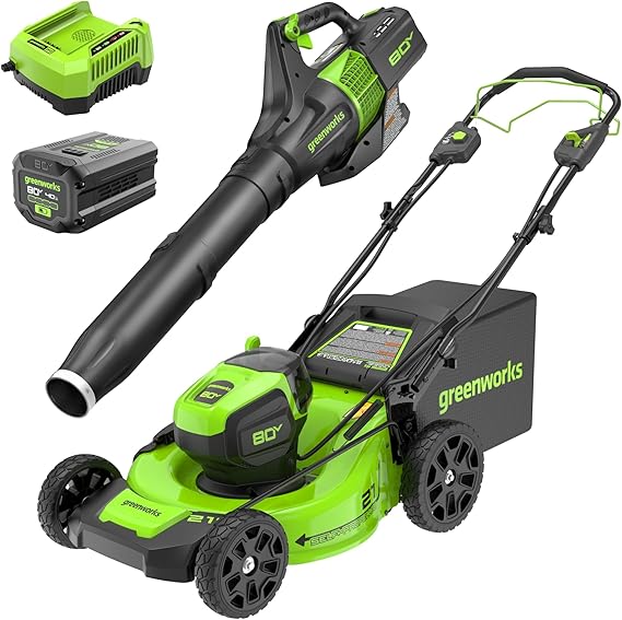 Greenworks 80V 21 Brushless (Self-Propelled) Cordless Electric Lawn Mower + (580 CFM) Axial Leaf Blower (75+ Compatible Tools), 4.0Ah Battery and 60 Minute Rapid Charger, Green and Black