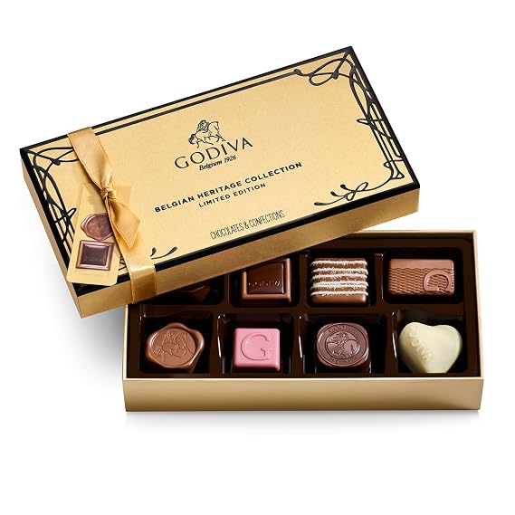 Godiva Chocolatier Heritage Collection 8-Piece Assorted Belgian Chocolate Gift Box Dark, Milk and White Gourmet Chocolates, Elegant Gold Box Ideal for Gifting