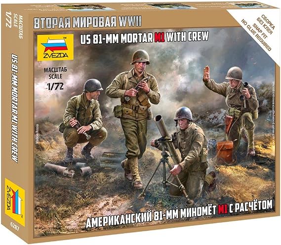 Zvezda -6287-US 81mm Mortar w/Crew, 1/72 Scale, Plastic Model Kit, ZS6287