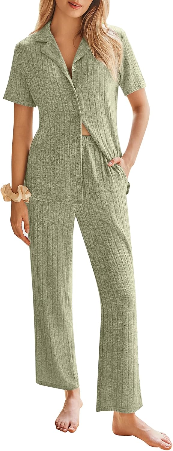 Ekouaer Womens Rib Knit Pajamas Button Up Lounge Sets Short Sleeve Top and Long Pants Matching Pjs Sleepwear Loungewear