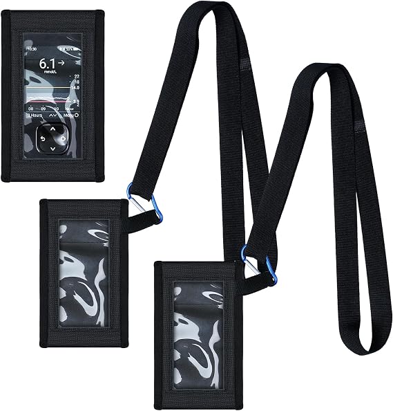 Kosiz 2 Pack Blood Glucose Meter Case with Lanyard Compatible with Dexcom G7 Glucose Monitor Pouch with Viewing Window for Diabetic Accessories Supplies (Black)