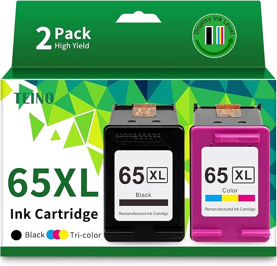 TEINO 65XL 65 Ink Cartridges Black/Color Combo Pack Replaced for HP Ink 65 | High-Yield 65 XL Ink use with HP Envy 5055 5052 5058 DeskJet 3755 2655 3752 3720 3722 2600 3723 3758 2652 2622 Printer 2 Pack