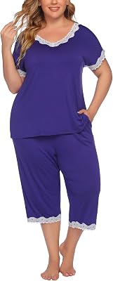 INVOLAND Womens Plus Size Pajama Set Short Sleeve Sleepwear Tops with Capri Pants and Pockets Nightwear Loungewear Pjs Sets 16W Blue Purple