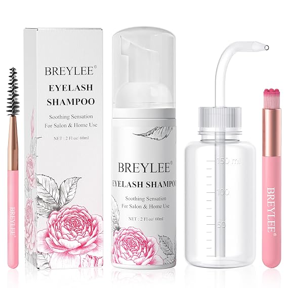 BREYLEE Shampoo for Lash Extensions, 60ml, Rinse Bottle &2 Brushes Included | EyeLash Wash Cleaner for Makeup Cleansing Foams, Paraben & Sulfate Free for Salon and Home Use
