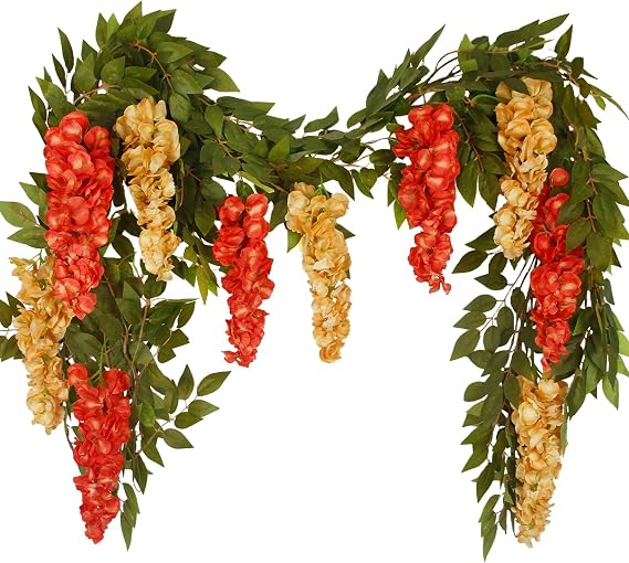 2 Pcs Wisteria Garland Artificial Flowers Wisteria Hanging Flowers Garland Orange Yellow Fall Decor 12.5 Ft Fake Silk Greenery Vines for Wedding Ceremony Arch Party Baby Shower Outdoor Indoor